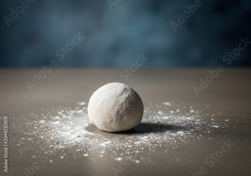 A single, uncooked ball of flour dough rests on a smooth countertop, lightly dusted with flour, awaiting transformation in a culinary preparation