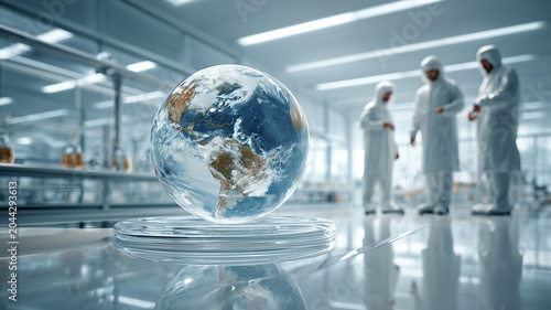 Futuristic laboratory with Earth hologram