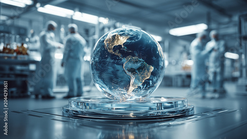 Futuristic lab with floating Earth hologram