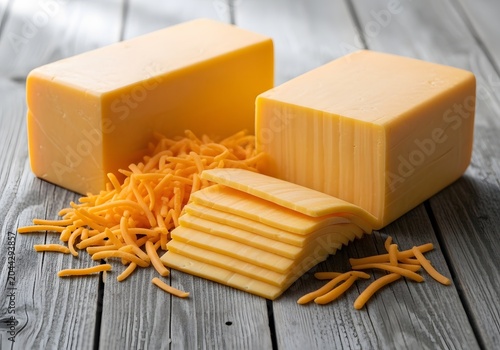 Rich, golden cheddar cheese blocks, perfectly formed slices, and a generous pile of shredded goodness are artfully arranged on a rustic wooden surface, showcasing the versatile culinary
