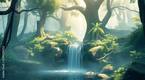 Serene 3D Fantasy Forest with Cascading Waterfall and Glowing Morning Mist