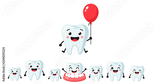 Fotografija Smiling cartoon teeth characters in line.
