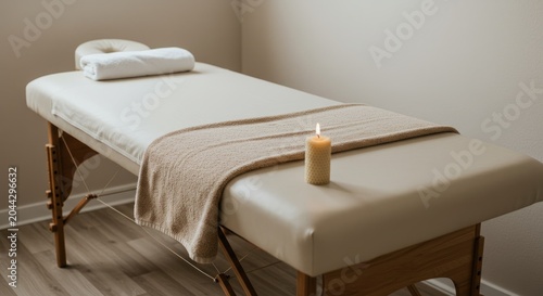 A serene massage table with a towel and candle in a spa room