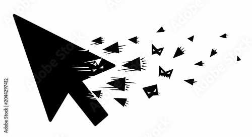 Digital cursor fragmenting into small ominous icons representing online threats