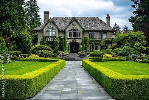 Luxury Custom House with Long Driveway and Manicured Lawn, or a big custom-made luxury house with nicely trimmed and landscaped front yard in the suburb of Vancouver, Canada.