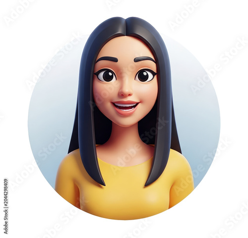 Stylized 3D cartoon of a young woman with long dark hair smiling directly at the camera