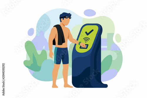Sports center member checking in at touchless kiosk with wristband