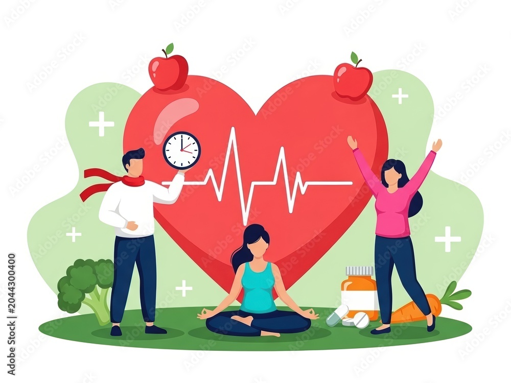 Fototapeta premium Healthy lifestyle concept with people, heart, pulse line, clock, fruits and vegetables