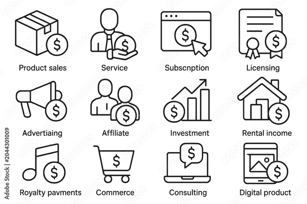 Fototapeta premium Icons representing various revenue streams and business services