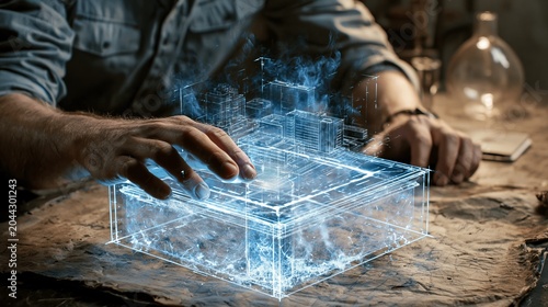 A man interacts with a futuristic digital interface projected from a transparent cube on a table