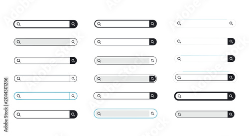 Collection of various search bar interface elements in different styles and colors for website or app development.