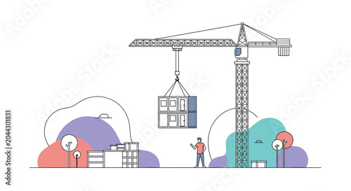 Busy construction site illustration with a tall crane lifting a modular building unit into place above a city skyline.