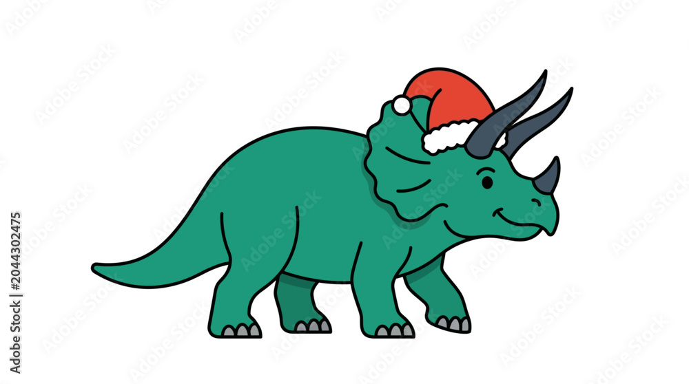 Fototapeta premium Christmas Triceratops Dinosaur Santa Hat Vector Illustration