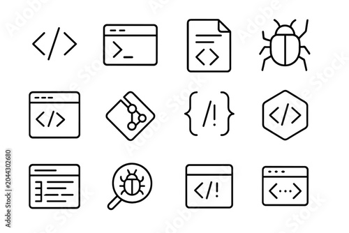 Coding and debugging icons with bugs and development symbols on dark background