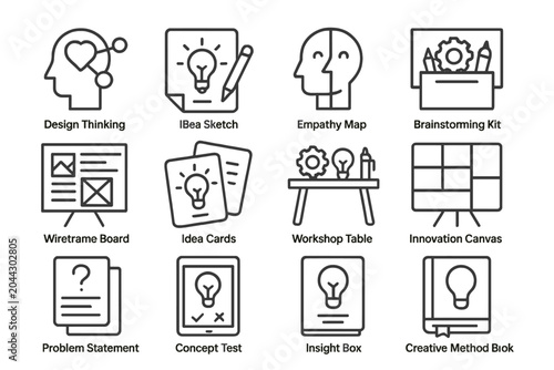 Creative design innovation icons: tools for idea generation and problem solving