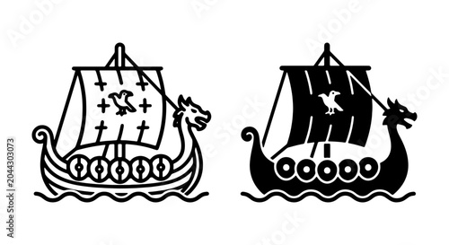 Fotografi Viking longship vector icon set, ancient Norse boat symbol, historical sailing v