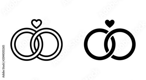 Wedding Rings Vector Icon Set, Interlocking Engagement Bands, Marriage Ceremony Symbol, Love and Commitment