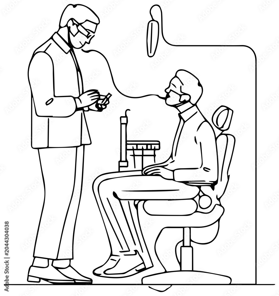 Fototapeta premium Dentist explaining dental treatment plan to a patient in a clinic simple line drawing medical consultation