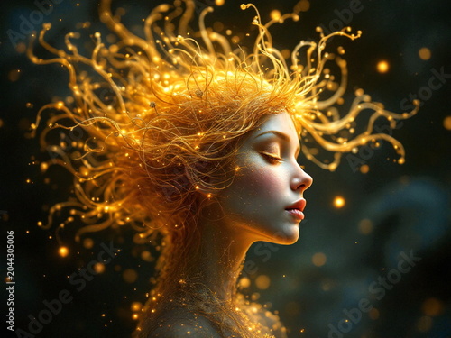 Woman with Glowing Golden Hair in Dark Atmosphere with Sparkling Light Effects