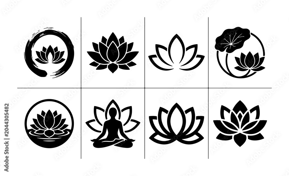 Fototapeta premium Zen Lotus Flower Icons, Yoga Meditation Symbols, Spiritual Enlightenment Graphics, Black and White Vector Set