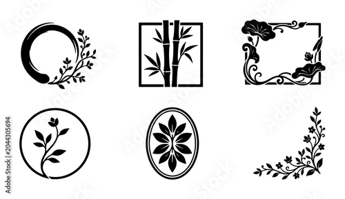 Fotografie Japanese Crests & Ornate Borders: 6 Vector Icons for Elegant Branding & Design,
