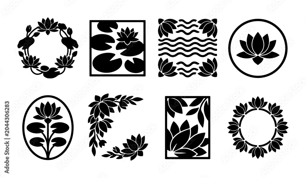 Obraz premium Lotus Flower Vector Icons, Floral Decorative Elements, Nature Graphics, Zen Symbols, Black and White Botanical Designs