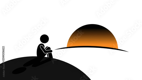 Solitary Figure Sitting on Hill Watching Sunrise – Loneliness Concept Quiet Contemplation – Seated Stick Figure on Hill with Rising Sun 