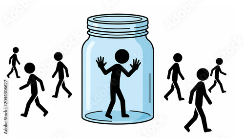 Trapped Inside Glass Jar While Crowd Walks By – Social Isolation Concept Invisible Suffering  Feeling Trapped and Ignored 