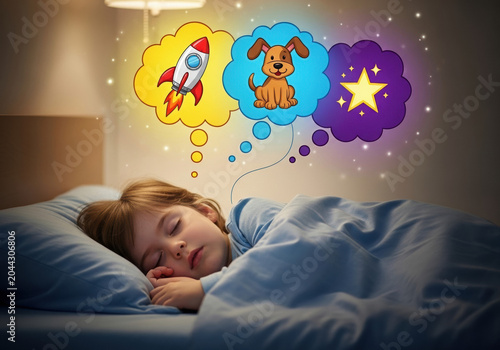 Child sleeping peacefully with dreams of rocket, dog, and star  