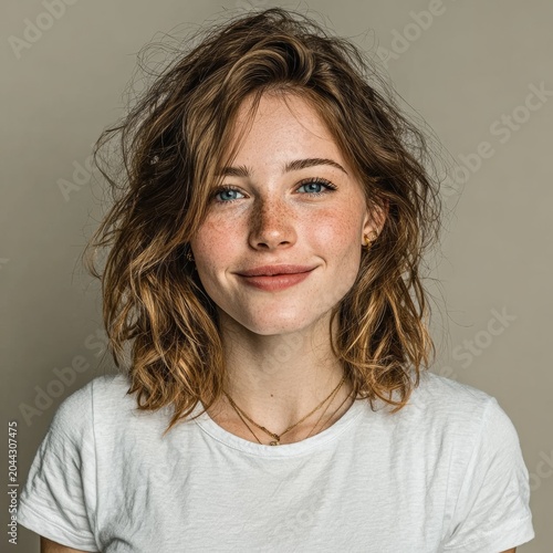 Minimal studio portrait of approachable young woman. Generative AI
