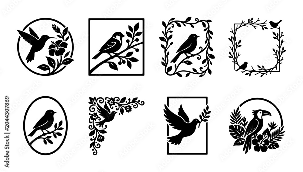 Fototapeta premium Elegant Bird Silhouettes Collection, Decorative Floral Frames, Nature Elements, Vector Icons for Design
