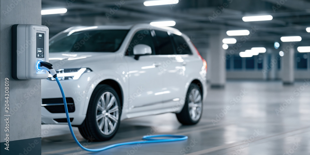 Fototapeta premium Electric SUV charging in underground parking with blue cable and soft lights