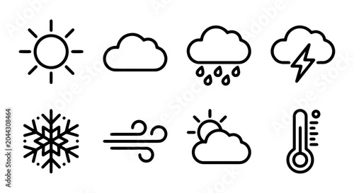 Weather Icons Set: Sun, Clouds, Rain, Snow, Wind, Storm, Thermometer