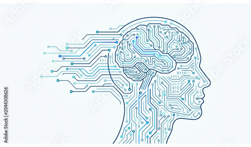Digital AI Head Circuit Technology Line Art for Modern Machine Learning Vector