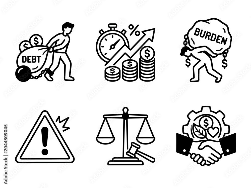 Fototapeta premium Financial debt and business law icons set featuring black outline symbols on a clean white background