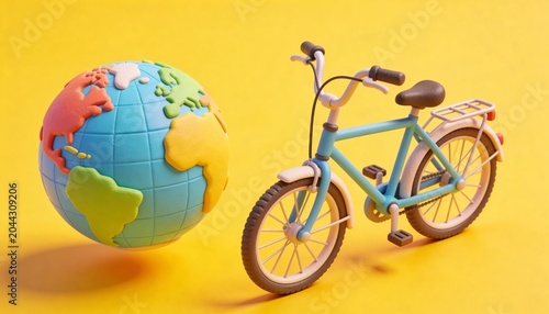 World Bicycle Day concept with a 3D clay globe and bicycle. Sustainable transportation and eco-friendly travel on a yellow background. Global cycling and green environment illustration