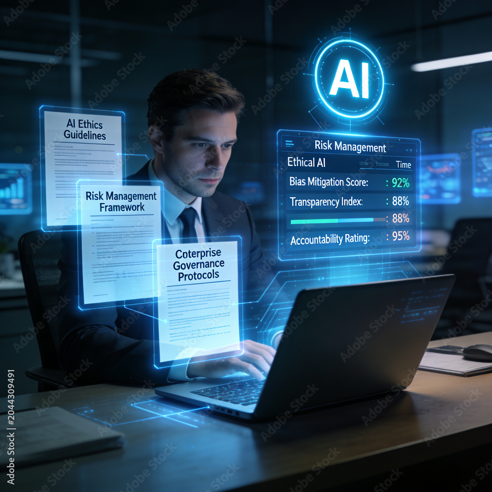 Fototapeta premium Businessman analyzing AI ethics guidelines and corporate compliance risk management framework on laptop in office