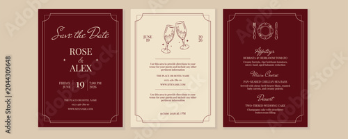 Bild auf Leinwand Elegant wedding invitation and menu card on red backgrounds