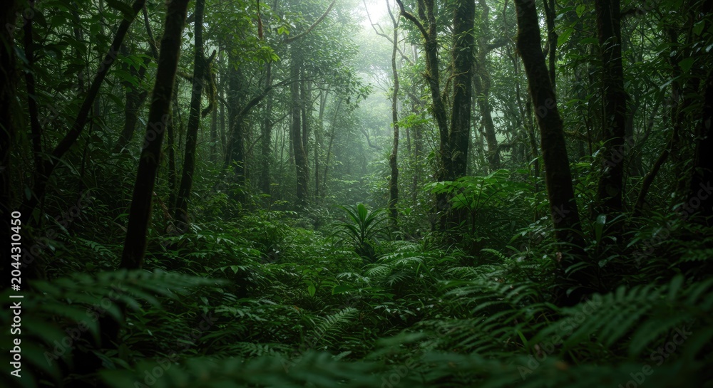 Fototapeta premium Dense forest scene with tall trees and ferns in misty environment viewed from ground level