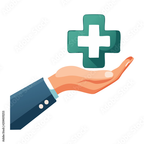Hand holding a green medical cross on a white background