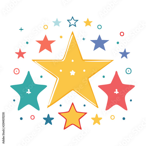 Hand-drawn stars in various colors on white background