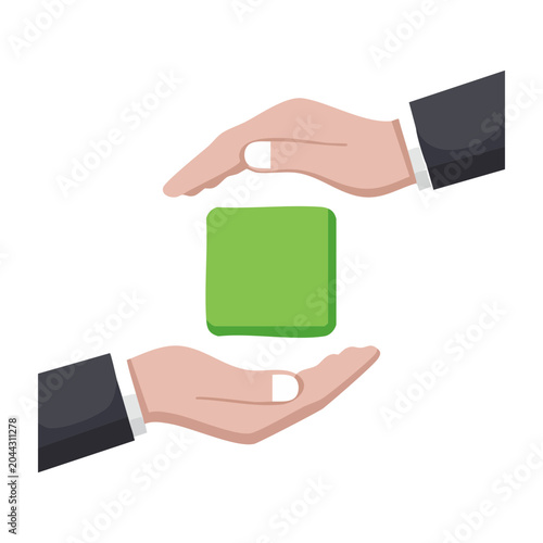 Hands in suits protecting a green cube