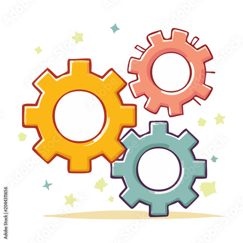 Three colorful gears interlocking