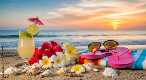 Cocktail glass near tropical flowers, pink rubber flip flops beside striped beach towel lime hibiscus sandals, seashells scattered across sand, ocean waves rolling onto shore sunset water drink.