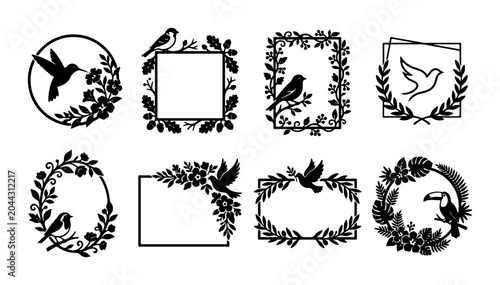 Fotografie Elegant Black Vector Frames with Birds and Floral Elements, Decorative Borders f