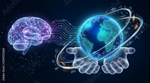 Human Brain and Global Network Connection - Artificial Intelligence and Technology Concept