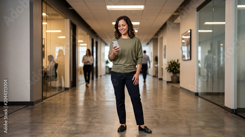 Woman smiling while using smartphone in modern office hallway during workday