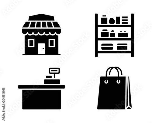 Monochrome flat icons for retail and shopping, illustrating a storefront, product shelving, a cash register, and a shopping bag, ideal for business and e-commerce designs