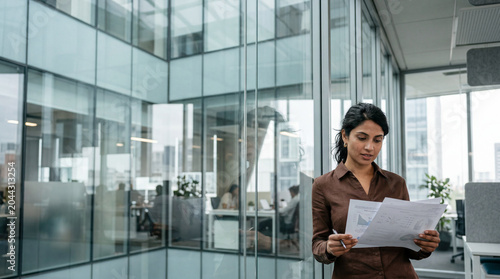 Businesswoman reviewing documents in modern glass office with colleagues visible through partition