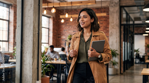 Woman walking through modern office holding tablet with confident smile representing professional achievement and workplace success